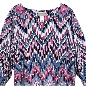 Alfred Dunner Womens Top 3X Pink Puff Ikat Chevron Print Split‎ Neck 3/4 Sleeve